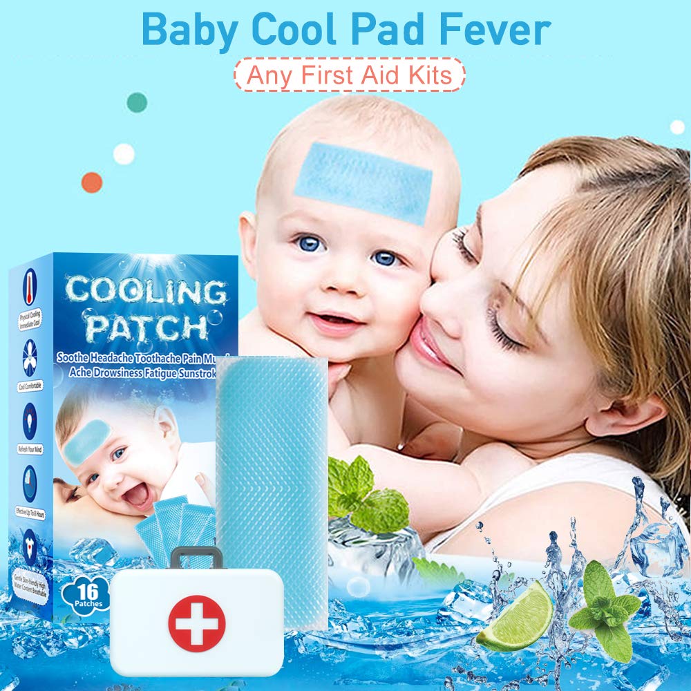 EASYEAH 16 Sheets Baby Cool Pads for Kids Fever Discomfort & Pain Relief, Cooling Relief Fever Reducer, Soothe Headache Pain, Pack of 16