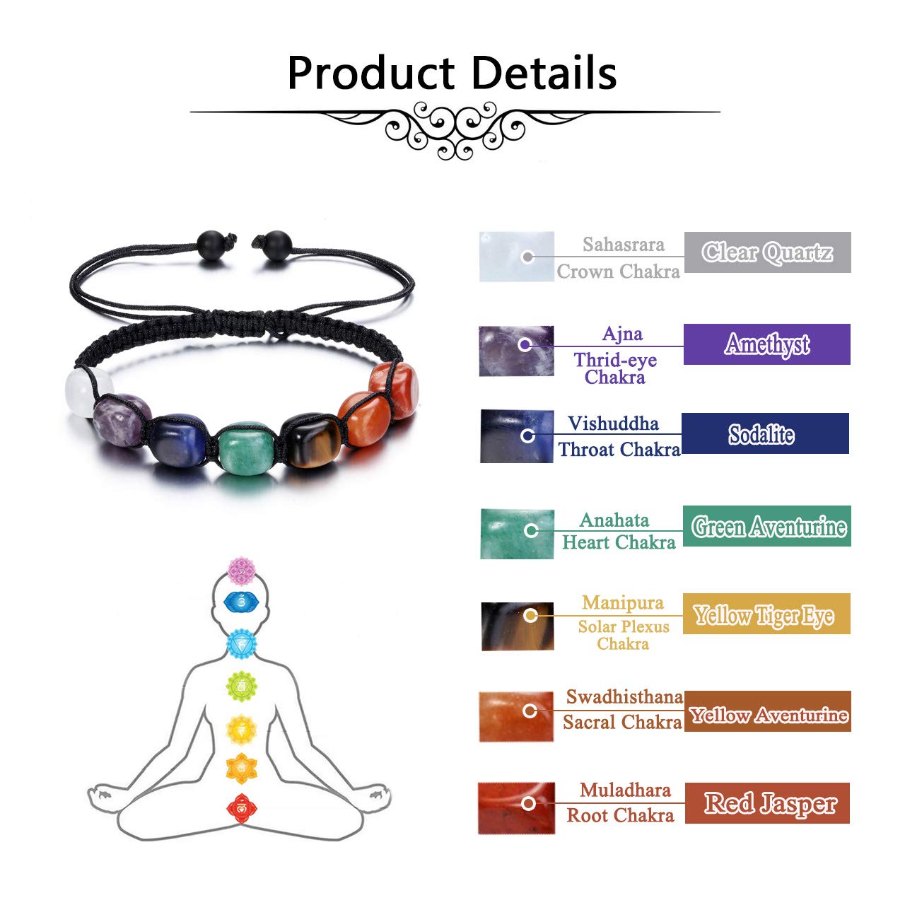 PESOENTH 7 Chakra Healing Crystal Bead Bracelet Women Natural Gemstones Yoga Reiki Chakras Stone Beads Anxiety Braided Bracelet Adjustable Jewelry Men Gifts