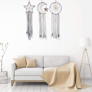 Jetec 3 Pieces Dream Catcher Moon Sun Blue Handmade Modern Dreamcatcher for Wall Hanging Home Decoration