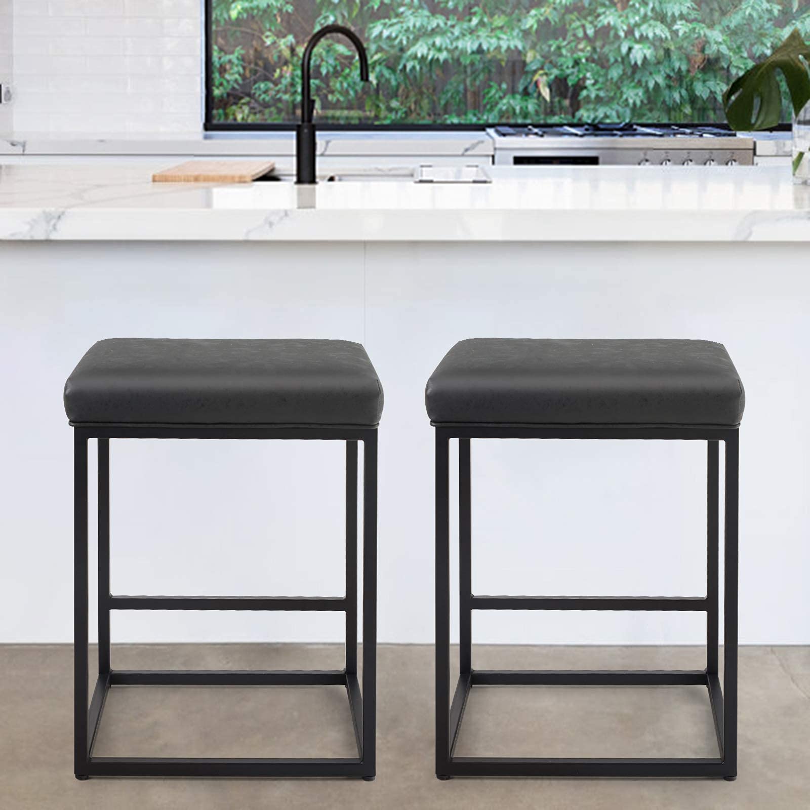 PHI VILLA Bar Stools Counter Heighr Set of 2, 24 inches, Backless, Square, Black, 2 Packs