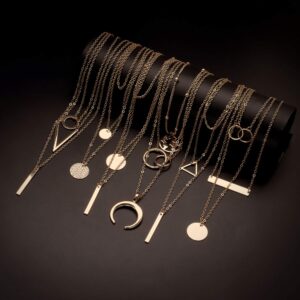 Biokia 6 Pieces Layered Necklaces For Women Long Necklaces Gold Choker Necklaces Map Coin Bar Crescent Moon Necklace Layered Y Pendant Necklace Multilayer