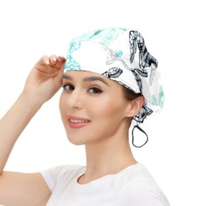 Womens Working Cap with Cotton Sweatband Adjustable Elastic Bouffant Hat Tie Back Work Hats for Women Men One Size Working Cap Head Hair Covers Boho Sea Turtle Tortoise (3)