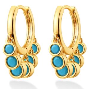 BENEIGE Gold Dangle Huggie Hoop Earrings for Women 14k Gold Plated Dainty Turquoise Tassel Coin Hoop Earrings Boho Beach Handmade Hypoallergenic Jewelry Gift