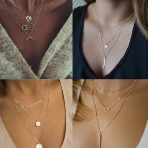 Biokia 6 Pieces Layered Necklaces For Women Long Necklaces Gold Choker Necklaces Map Coin Bar Crescent Moon Necklace Layered Y Pendant Necklace Multilayer