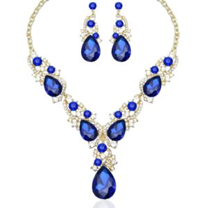 CSY Luxury Austrian Crystal Necklace Earrings Rhinestone Bridal Wedding Party Costume Jewelry Sets for Brides Bridesmaids Women (Royal Blue-Gold Tone)