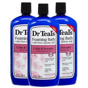 Dr. Teal's Calm & Serenity Pure Epsom Salt Foaming Bath Gift Set (3 Pack, 34 oz ea.) - Rose Essential Oils & Milk Protein Provide Stress Relief & Silky Smooth Skin - Long Lasting Bubbles Nourish Skin