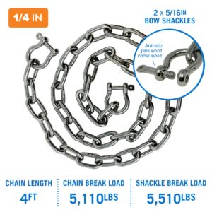 Stainless Steel Anchor Chain, Boat Anchor Chain, Anchor Chains for Boats, Stainless Anchor Chain, Double Boat Anchor Shackle Link Ends Marine Grade Boat Accessories 4 Ft Chain 1/4" Width