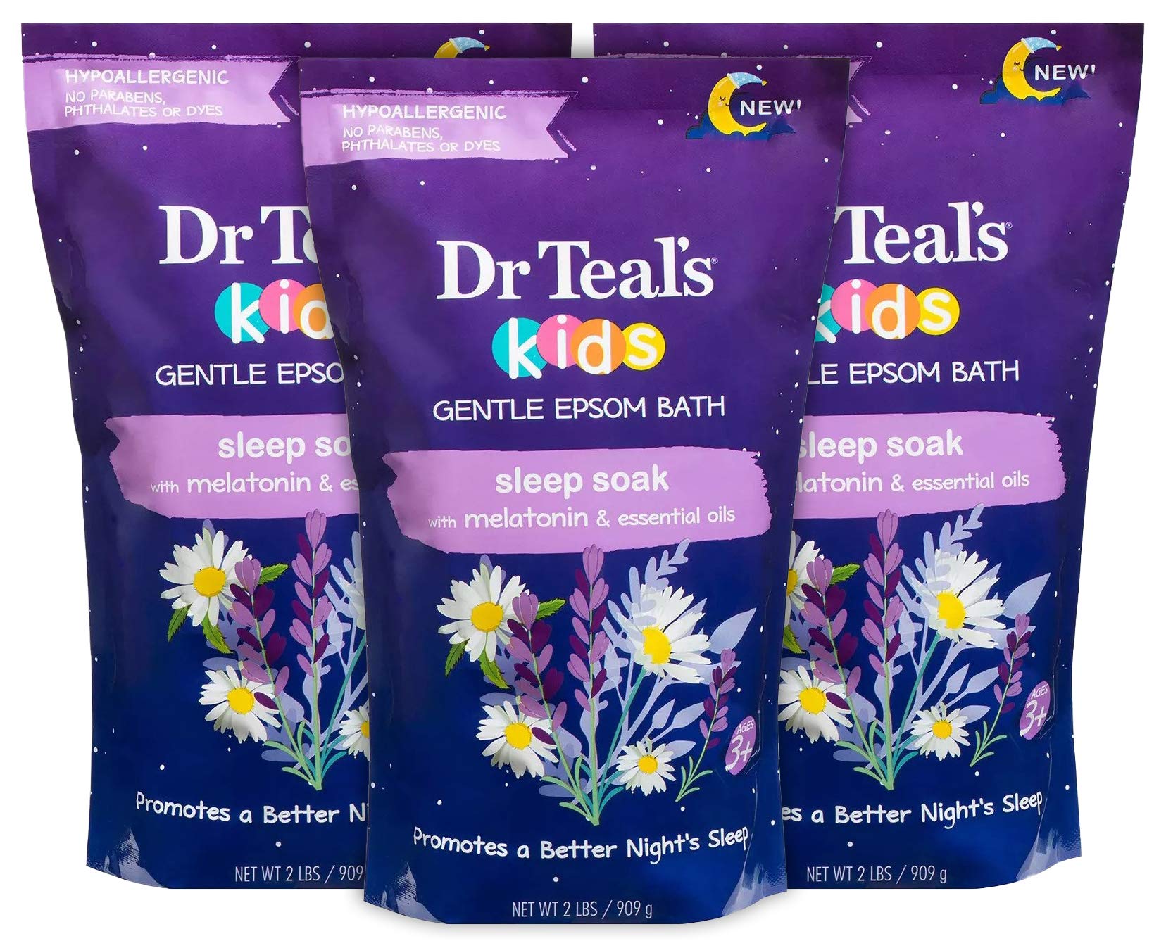 Dr. Teal's Kids' Gentle Sleep Soak Bath with Pure Epsom Salt and Melatonin - (3 Pack, 6 lbs Total) - Coconut and Other Essential Oils Relieve Stress & Soothe The Body - Hypoallergenic & Paraben Free