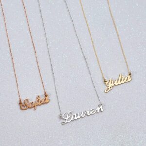 MyNameNecklace Name Necklace Personalized Sterling Silver Gold Plated Custom Made Pendant Nameplate Cursive Style Precious Metals Gift for Women