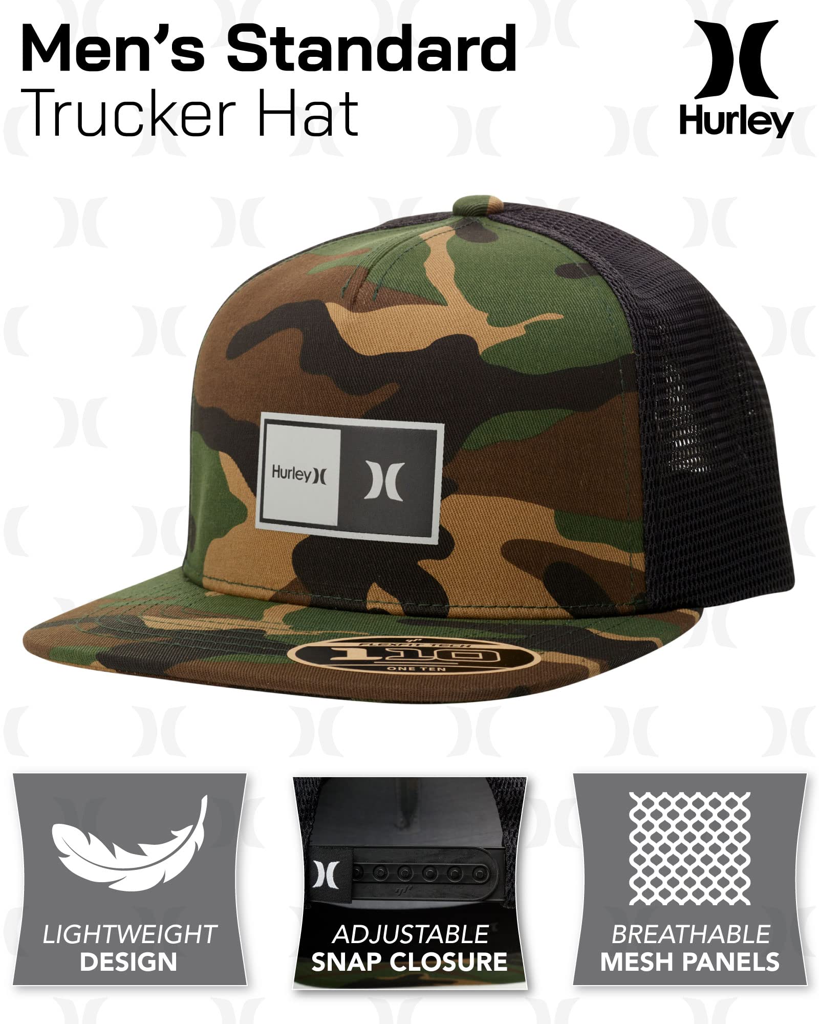 Hurley Mens Caps - Flat Brim Snapback Baseball Cap Standard Trucker Hats for Men, Size One Size, Camo/Black