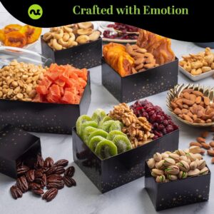 NUT CRAVINGS Gourmet Collection - Happy Birthday Nuts & Dried Fruits Tower Gift Basket with HB Ribbon (12 Assortments) Food Platter, Bday Care Package Tray, Healthy Kosher Snack