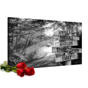 FAMILY GIFTS CO. Autumn Road Multi Names Premium Canvas, Crossroads Personalized Wall Art, Custom Canvas Picture, Customized Gifts, Black and White (24x16in)