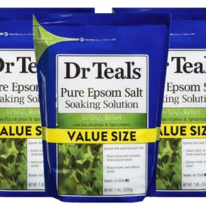 Dr Teal's Eucalyptus & Spearmint Salt Bath (3 Pack, 7lb Ea) - Relax & Relief Formula - Essential Oils Blended with Pure Epsom Salt - Ease Aches & Pains, Clear The Mind & Senses - Value Size Bag