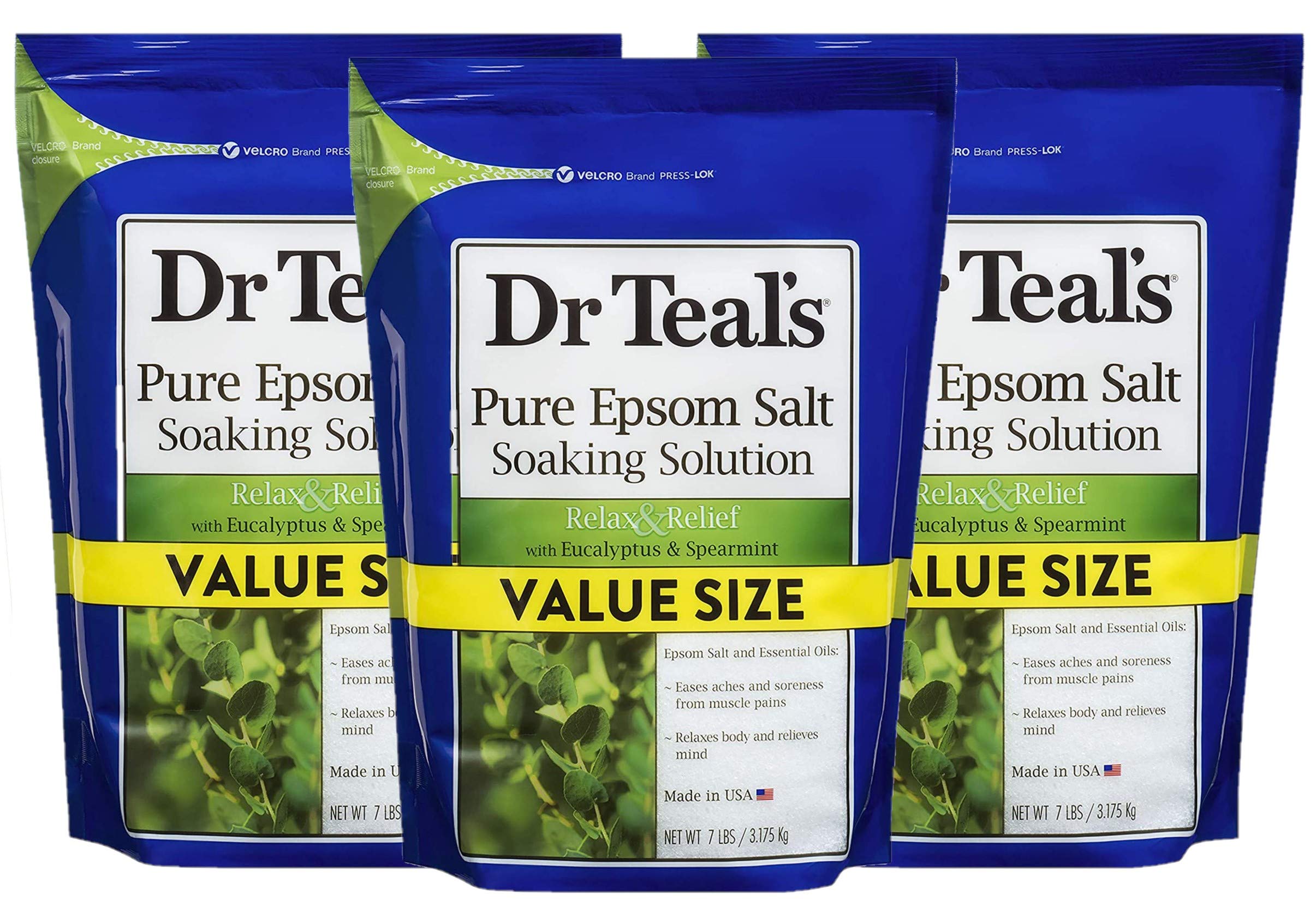 Dr Teal's Eucalyptus & Spearmint Salt Bath (3 Pack, 7lb Ea) - Relax & Relief Formula - Essential Oils Blended with Pure Epsom Salt - Ease Aches & Pains, Clear The Mind & Senses - Value Size Bag