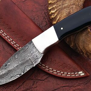 HUNTEX Handmade Hand-Forged Ladder Pattern Damascus Steel 8 Inch Long Full Tang Natural Buffalo Horn Handle Razor Sharp Hunting Camping Gut Hook Knife w/Genuine Leather Pouch