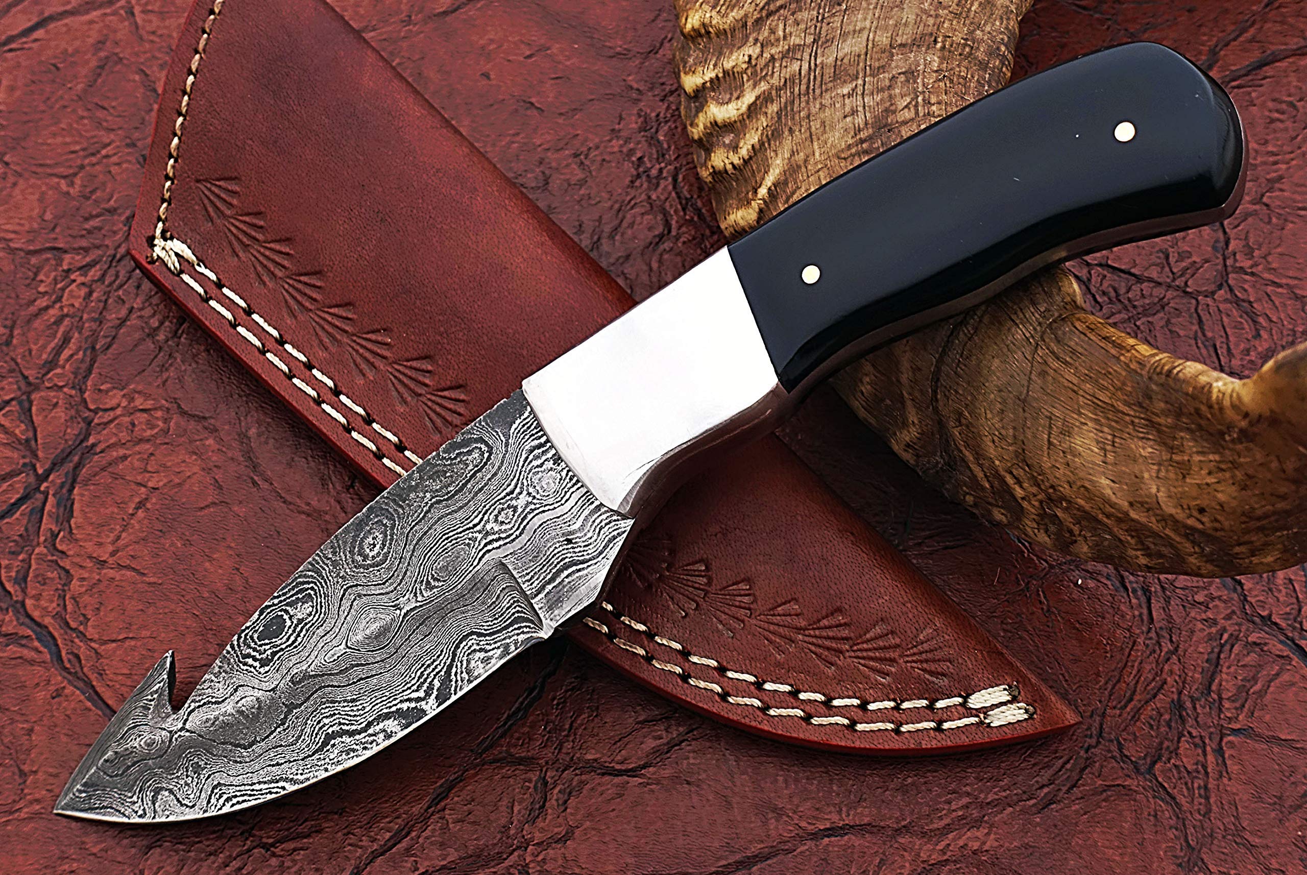 HUNTEX Handmade Hand-Forged Ladder Pattern Damascus Steel 8 Inch Long Full Tang Natural Buffalo Horn Handle Razor Sharp Hunting Camping Gut Hook Knife w/Genuine Leather Pouch