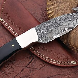 HUNTEX Handmade Hand-Forged Ladder Pattern Damascus Steel 8 Inch Long Full Tang Natural Buffalo Horn Handle Razor Sharp Hunting Camping Gut Hook Knife w/Genuine Leather Pouch