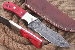 huntex handmade hand-forged ladder pattern damascus steel 10 inch long full tang pakka wood handle razor sharp hunting camping big game hunter knife w/genuine leather pouch