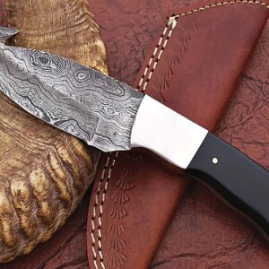 HUNTEX Handmade Hand-Forged Ladder Pattern Damascus Steel 8 Inch Long Full Tang Natural Buffalo Horn Handle Razor Sharp Hunting Camping Gut Hook Knife w/Genuine Leather Pouch