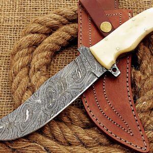 HUNTEX Handmade Hand-Forged Twist Pattern Damascus Steel 11 Inch Long Full Tang Camel Bone Handle Razor Sharp Hunting Camping Trail Knife w/Genuine Leather Sheath