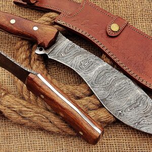 HUNTEX Handmade Hand-Forged Twist Pattern Damascus Steel 15 Inch Long Full Tang Natural Walnut Wood Handle Razor Sharp Hunting Camping Kukri Knife w/Genuine Leather Sheath