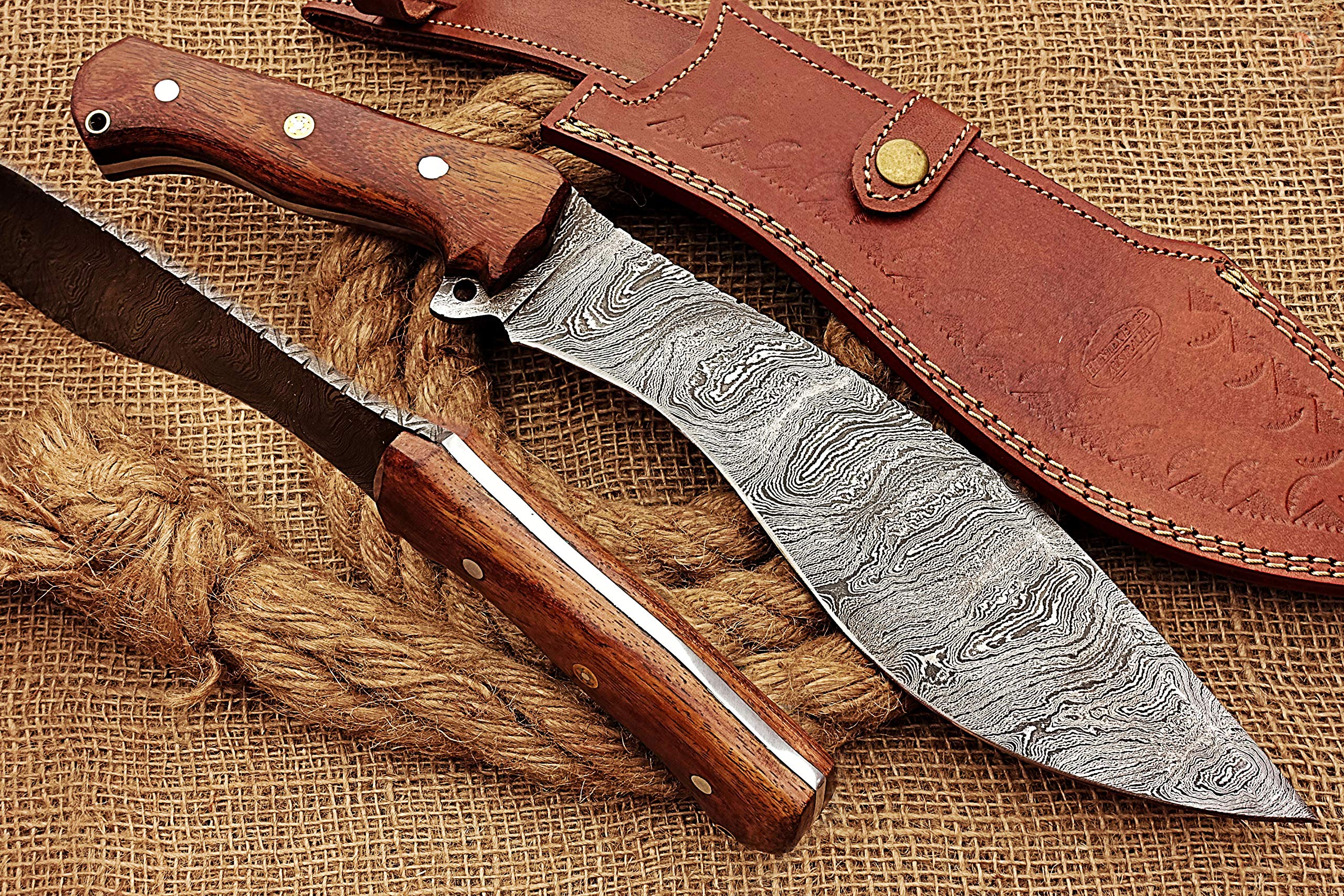 HUNTEX Handmade Hand-Forged Twist Pattern Damascus Steel 15 Inch Long Full Tang Natural Walnut Wood Handle Razor Sharp Hunting Camping Kukri Knife w/Genuine Leather Sheath