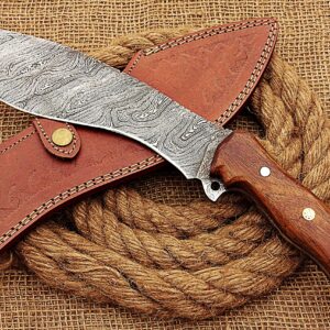 HUNTEX Handmade Hand-Forged Twist Pattern Damascus Steel 15 Inch Long Full Tang Natural Walnut Wood Handle Razor Sharp Hunting Camping Kukri Knife w/Genuine Leather Sheath