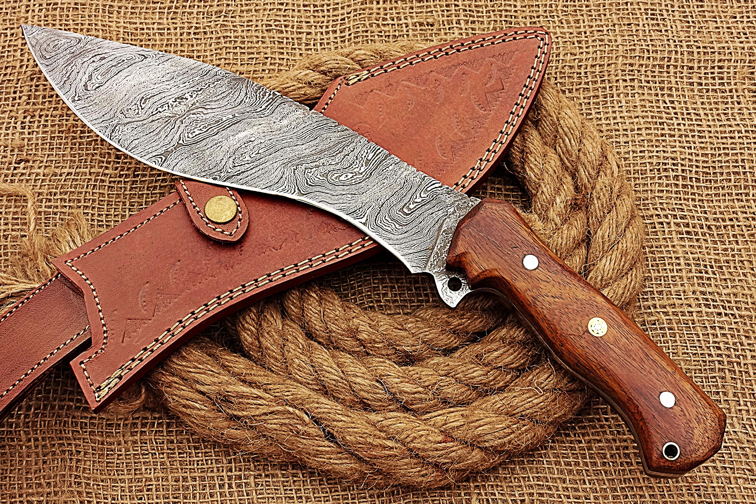 HUNTEX Handmade Hand-Forged Twist Pattern Damascus Steel 15 Inch Long Full Tang Natural Walnut Wood Handle Razor Sharp Hunting Camping Kukri Knife w/Genuine Leather Sheath