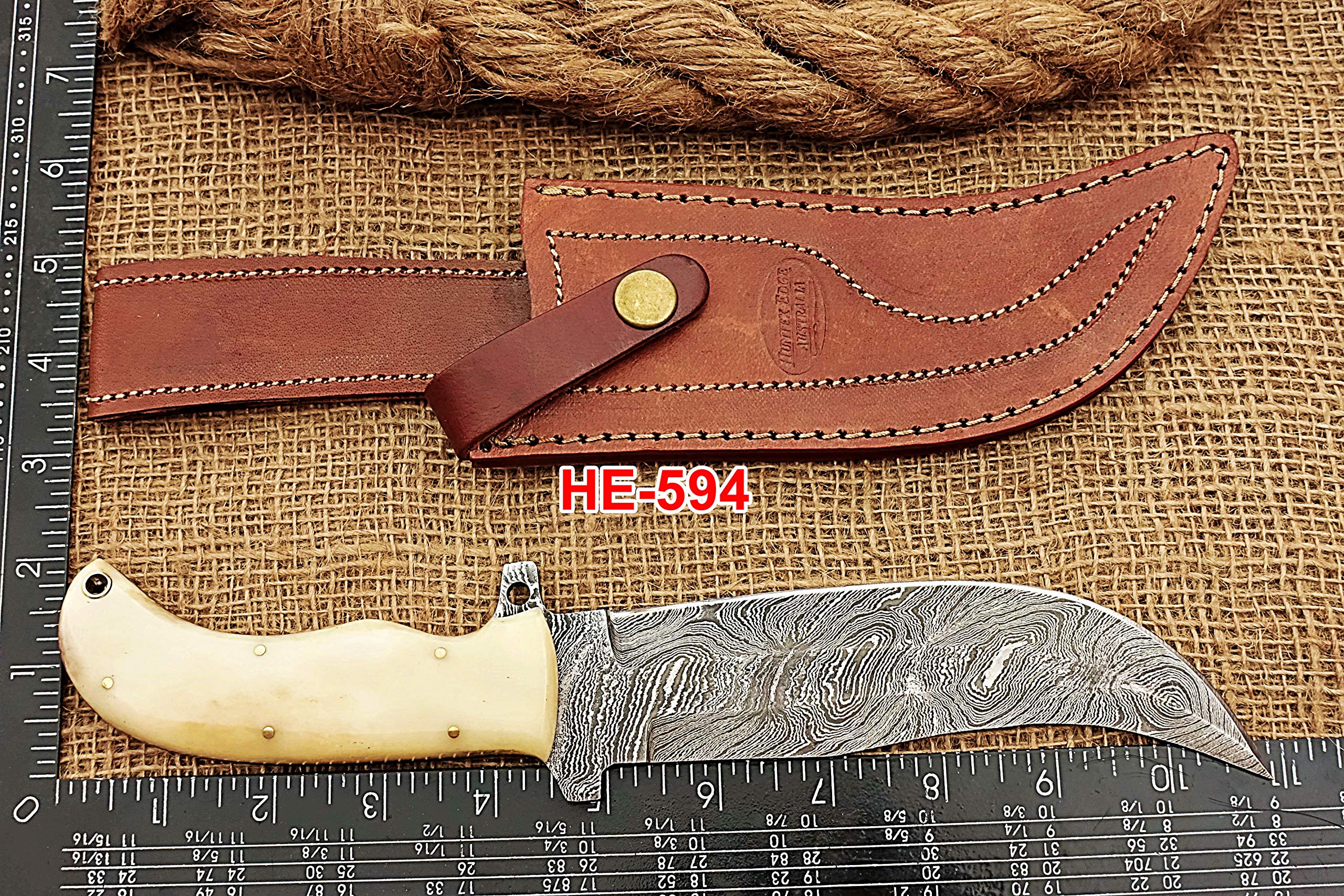 HUNTEX Handmade Hand-Forged Twist Pattern Damascus Steel 11 Inch Long Full Tang Camel Bone Handle Razor Sharp Hunting Camping Trail Knife w/Genuine Leather Sheath