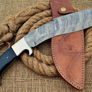 HUNTEX Handmade Hand-Forged Twist Pattern Damascus Steel 15 Inch Long Full Tang Natural Buffalo Horn Handle Razor Sharp Hunting Camping Kukri Knife w/Genuine Leather Sheath