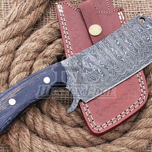 HUNTEX Handmade Hand-Forged Ladder Pattern Damascus Steel 9.5 Inch Long Full Tang Pakka Wood Handle Razor Sharp Hunting Camping Cleaver Knife w/Genuine Leather Sheath