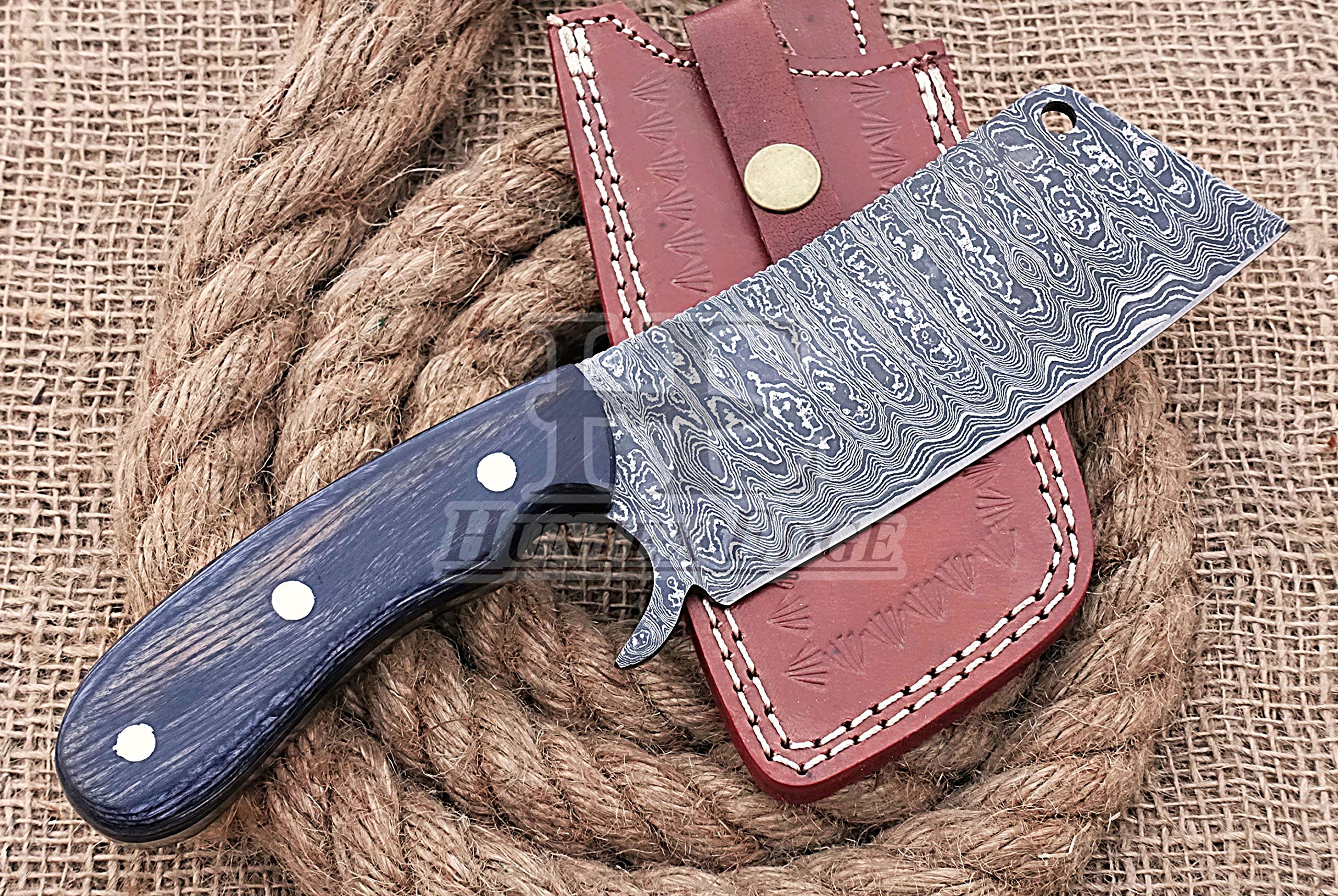 HUNTEX Handmade Hand-Forged Ladder Pattern Damascus Steel 9.5 Inch Long Full Tang Pakka Wood Handle Razor Sharp Hunting Camping Cleaver Knife w/Genuine Leather Sheath