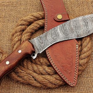 HUNTEX Handmade Hand-Forged Twist Pattern Damascus Steel 15 Inch Long Full Tang Natural Walnut Wood Handle Razor Sharp Hunting Camping Kukri Knife w/Genuine Leather Sheath