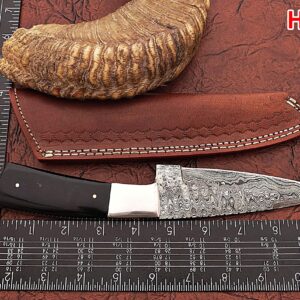 HUNTEX Handmade Hand-Forged Ladder Pattern Damascus Steel 10 Inch Long Full Tang Natural Buffalo Horn Handle Razor Sharp Hunting Camping Skinning Knife w/Genuine Leather Pouch