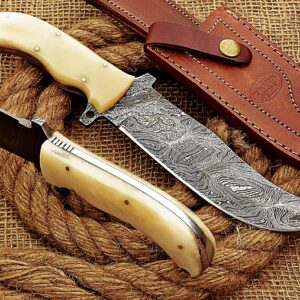 HUNTEX Handmade Hand-Forged Twist Pattern Damascus Steel 11 Inch Long Full Tang Camel Bone Handle Razor Sharp Hunting Camping Trail Knife w/Genuine Leather Sheath