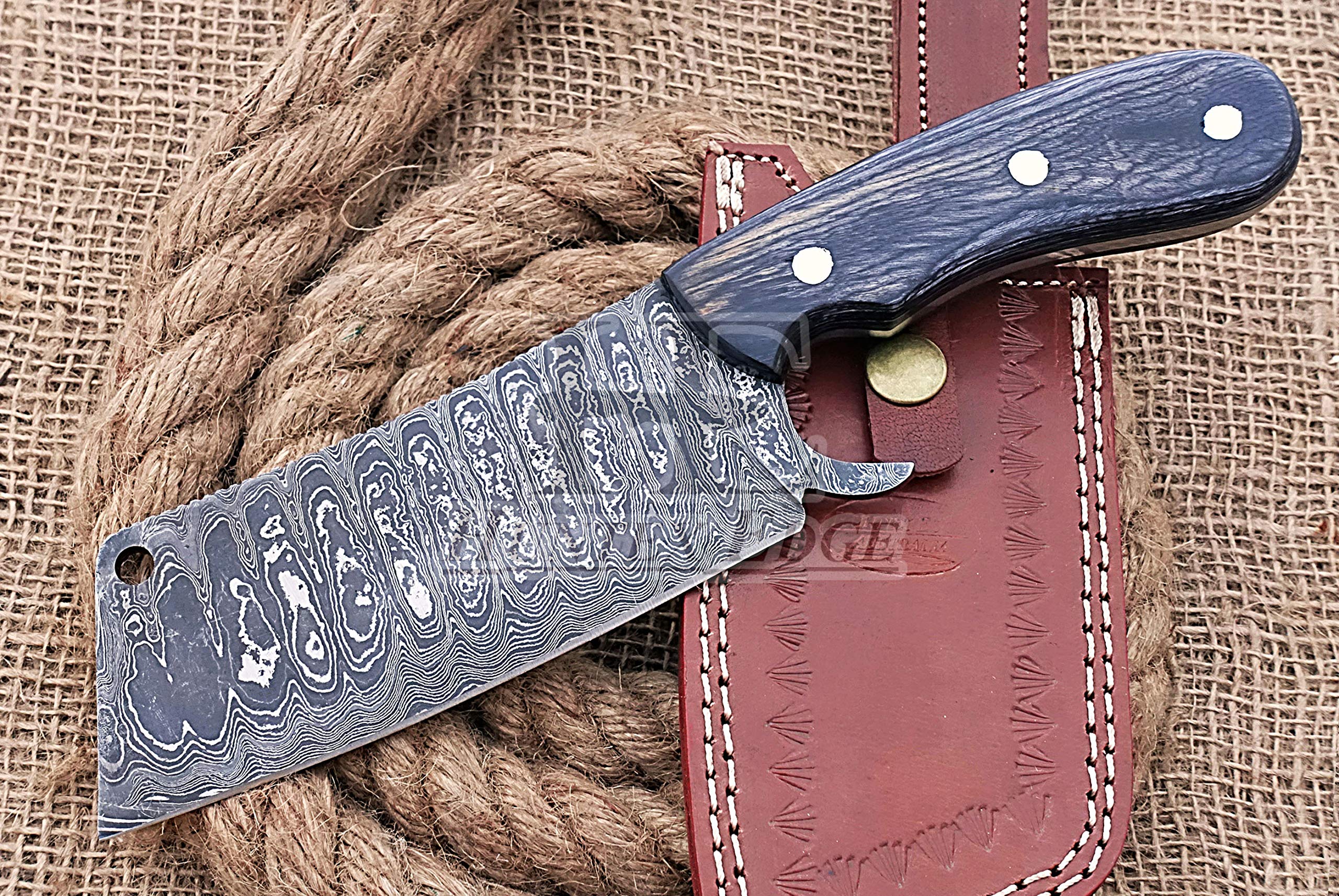 HUNTEX Handmade Hand-Forged Ladder Pattern Damascus Steel 9.5 Inch Long Full Tang Pakka Wood Handle Razor Sharp Hunting Camping Cleaver Knife w/Genuine Leather Sheath