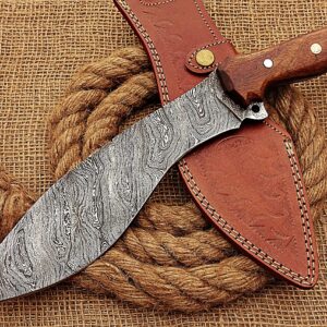 HUNTEX Handmade Hand-Forged Twist Pattern Damascus Steel 15 Inch Long Full Tang Natural Walnut Wood Handle Razor Sharp Hunting Camping Kukri Knife w/Genuine Leather Sheath