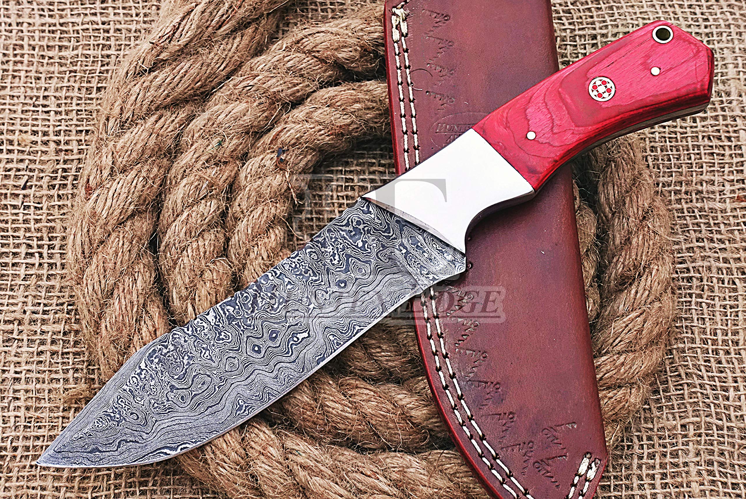 HUNTEX Handmade Hand-Forged Ladder Pattern Damascus Steel 10 Inch Long Full Tang Pakka Wood Handle Razor Sharp Hunting Camping Big Game Hunter Knife w/Genuine Leather Pouch