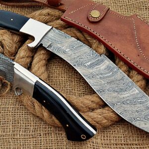 HUNTEX Handmade Hand-Forged Twist Pattern Damascus Steel 15 Inch Long Full Tang Natural Buffalo Horn Handle Razor Sharp Hunting Camping Kukri Knife w/Genuine Leather Sheath