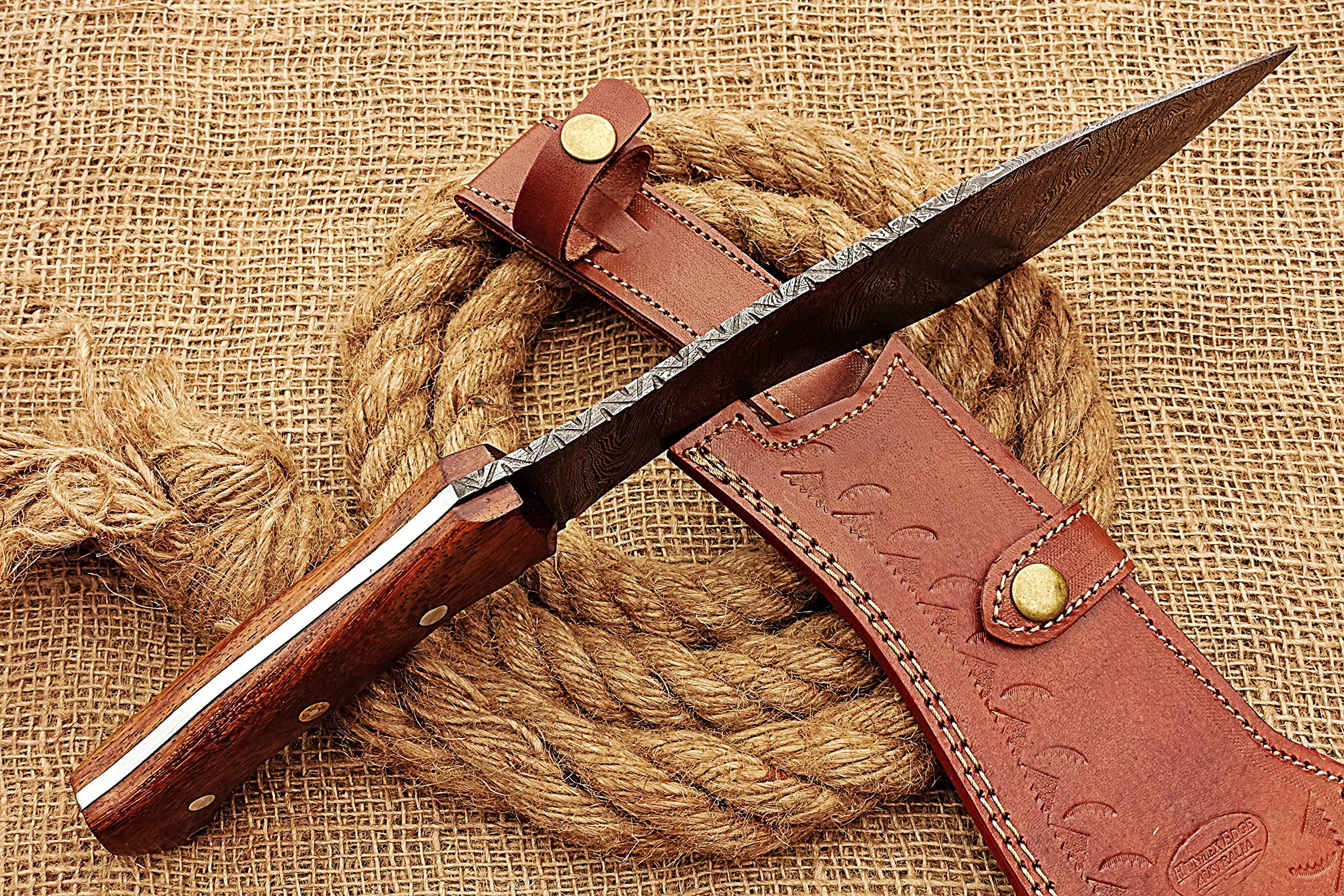 HUNTEX Handmade Hand-Forged Twist Pattern Damascus Steel 15 Inch Long Full Tang Natural Walnut Wood Handle Razor Sharp Hunting Camping Kukri Knife w/Genuine Leather Sheath