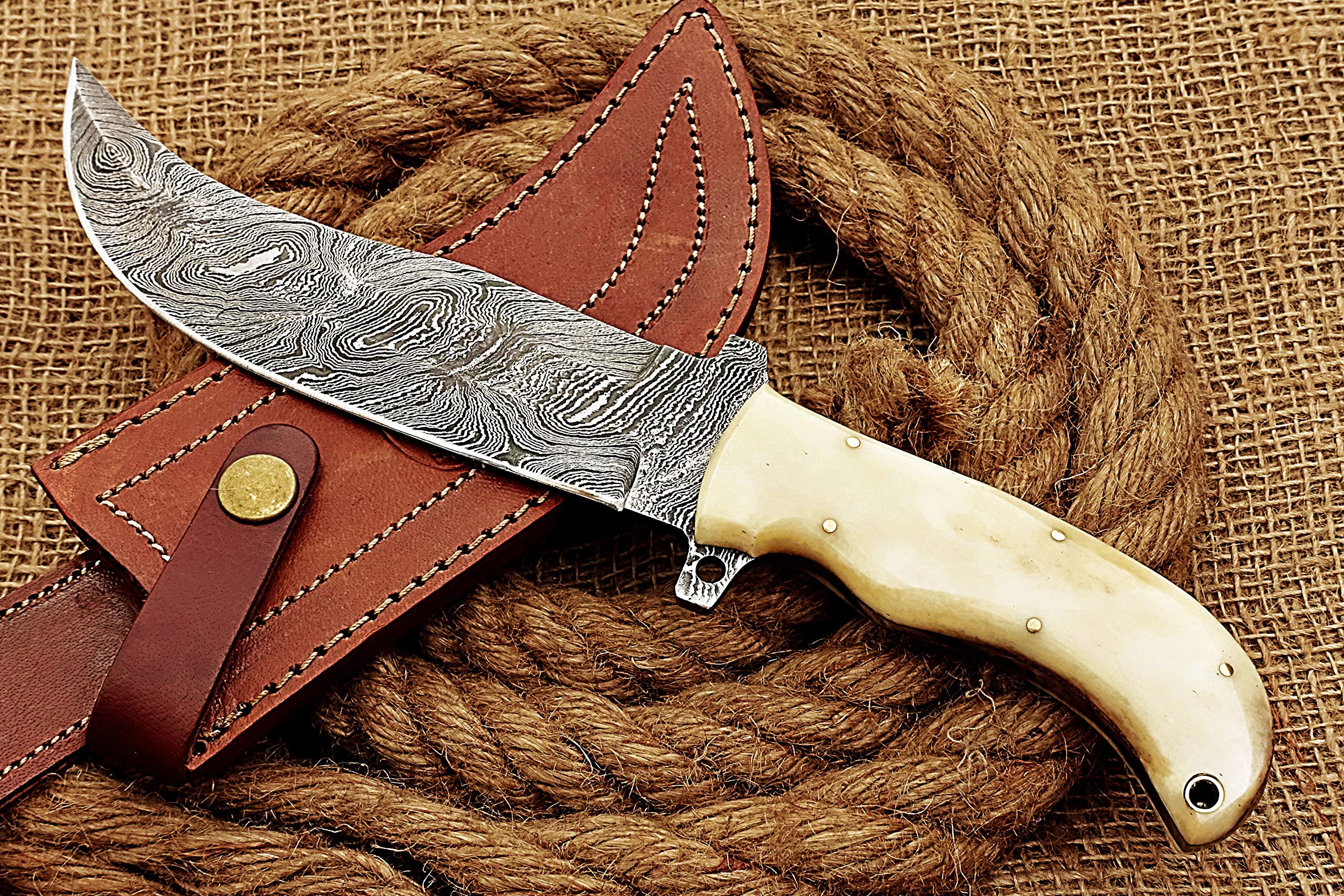 HUNTEX Handmade Hand-Forged Twist Pattern Damascus Steel 11 Inch Long Full Tang Camel Bone Handle Razor Sharp Hunting Camping Trail Knife w/Genuine Leather Sheath