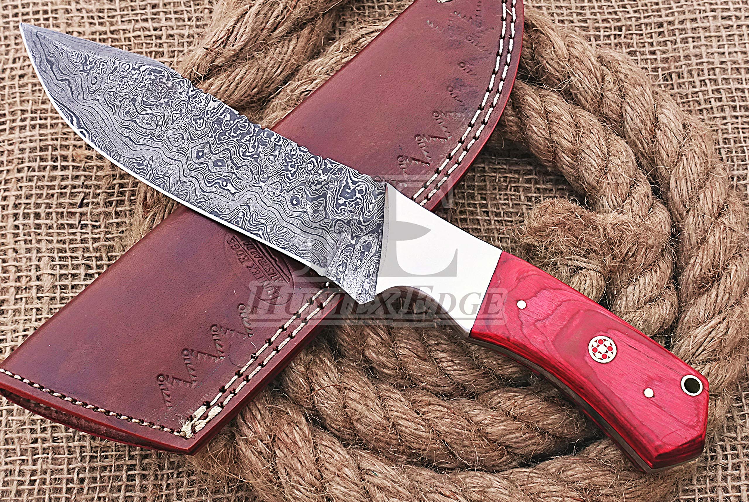 HUNTEX Handmade Hand-Forged Ladder Pattern Damascus Steel 10 Inch Long Full Tang Pakka Wood Handle Razor Sharp Hunting Camping Big Game Hunter Knife w/Genuine Leather Pouch