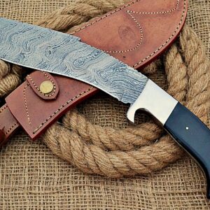 HUNTEX Handmade Hand-Forged Twist Pattern Damascus Steel 15 Inch Long Full Tang Natural Buffalo Horn Handle Razor Sharp Hunting Camping Kukri Knife w/Genuine Leather Sheath