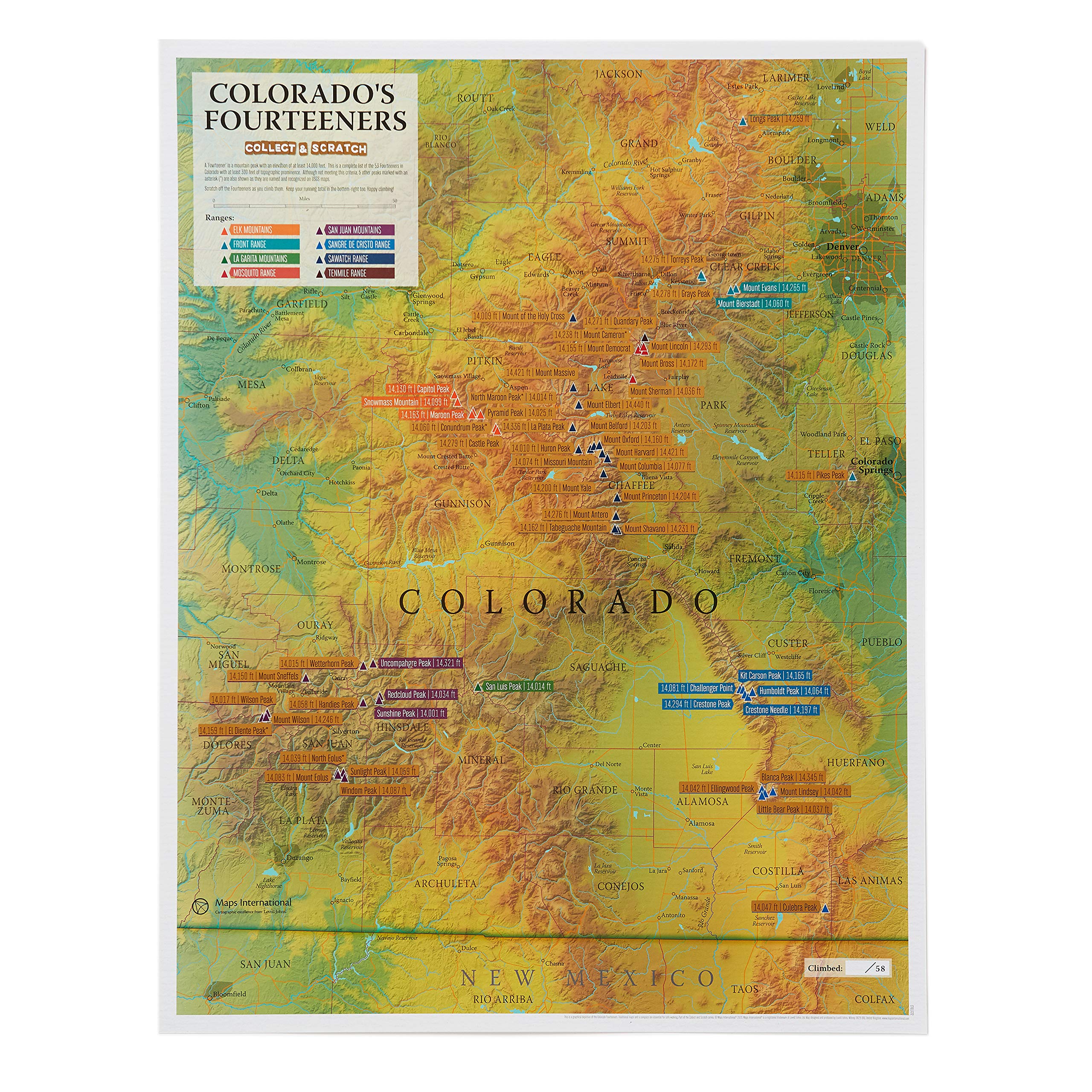 Scratch Off Colorado Fourteeners Map Poster - 14ers Mountain Peaks - Ideal Bucket list Gift for Climbers - 22 x 17