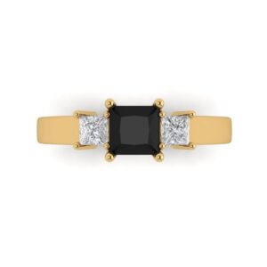 0.89ct Princess cut 3 stone Solitaire W/accent Black Onyx Wedding Bridal art deco Anniversary Ring 14k Yellow Gold 9