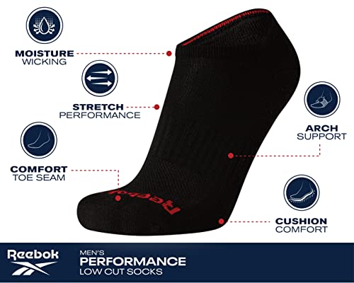 Reebok Men's Athletic No-Show Low Cut Socks with Cushion Comfort (12 Pack), Size 6-12.5, Classic Black