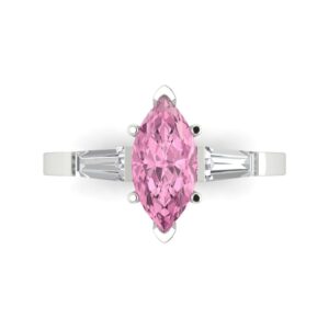 Clara Pucci 1.97ct Marquise Baguette cut 3 stone Solitaire Pink Simulated Diamond designer Modern Statement Ring Solid 14k White Gold