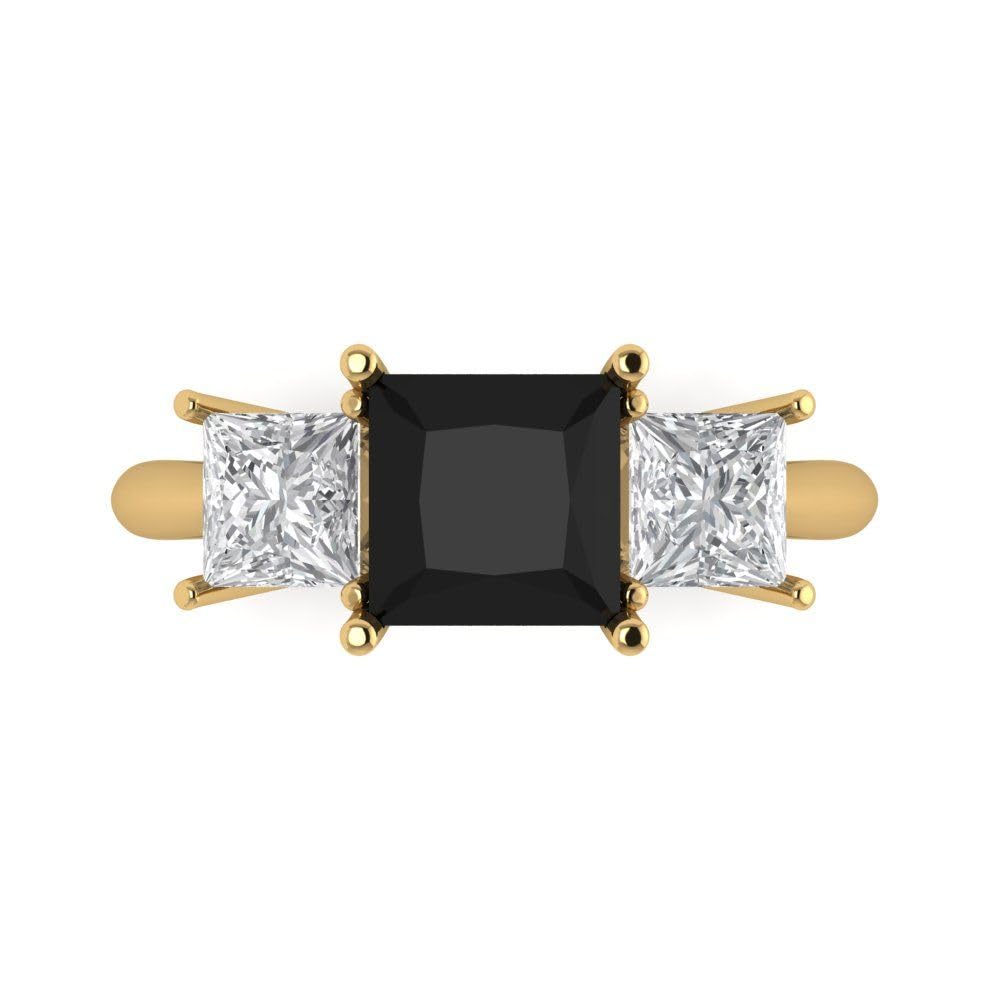 Clara Pucci 2.97ct Princess Cut 3 Stone Solitaire with Accent Natural Black Onyx designer Modern Statement Ring 14k Yellow Gold Size 7