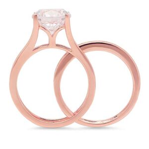 3.39 ct Round Cut Clear Simulated Diamond 14k Rose Gold Solitaire W/Accents Wedding Engagement Bridal Ring Band Set Sz 10.75