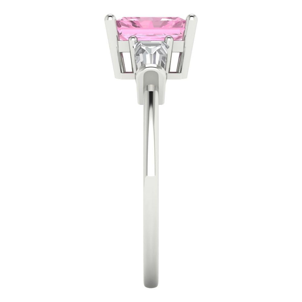 2.0 ct Emerald cut 3 stone Solitaire Pink Simulated Diamond Designer Anniversary Bridal Engagement Ring 14k White Gold 6